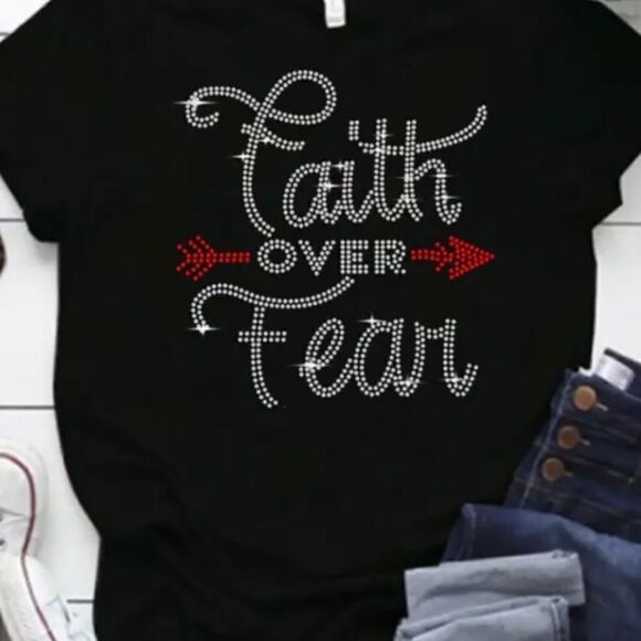 New Faith over Fear Rhinestone T-shirt Black with Red and Silver Soft Stretchy - Picture 2 of 9